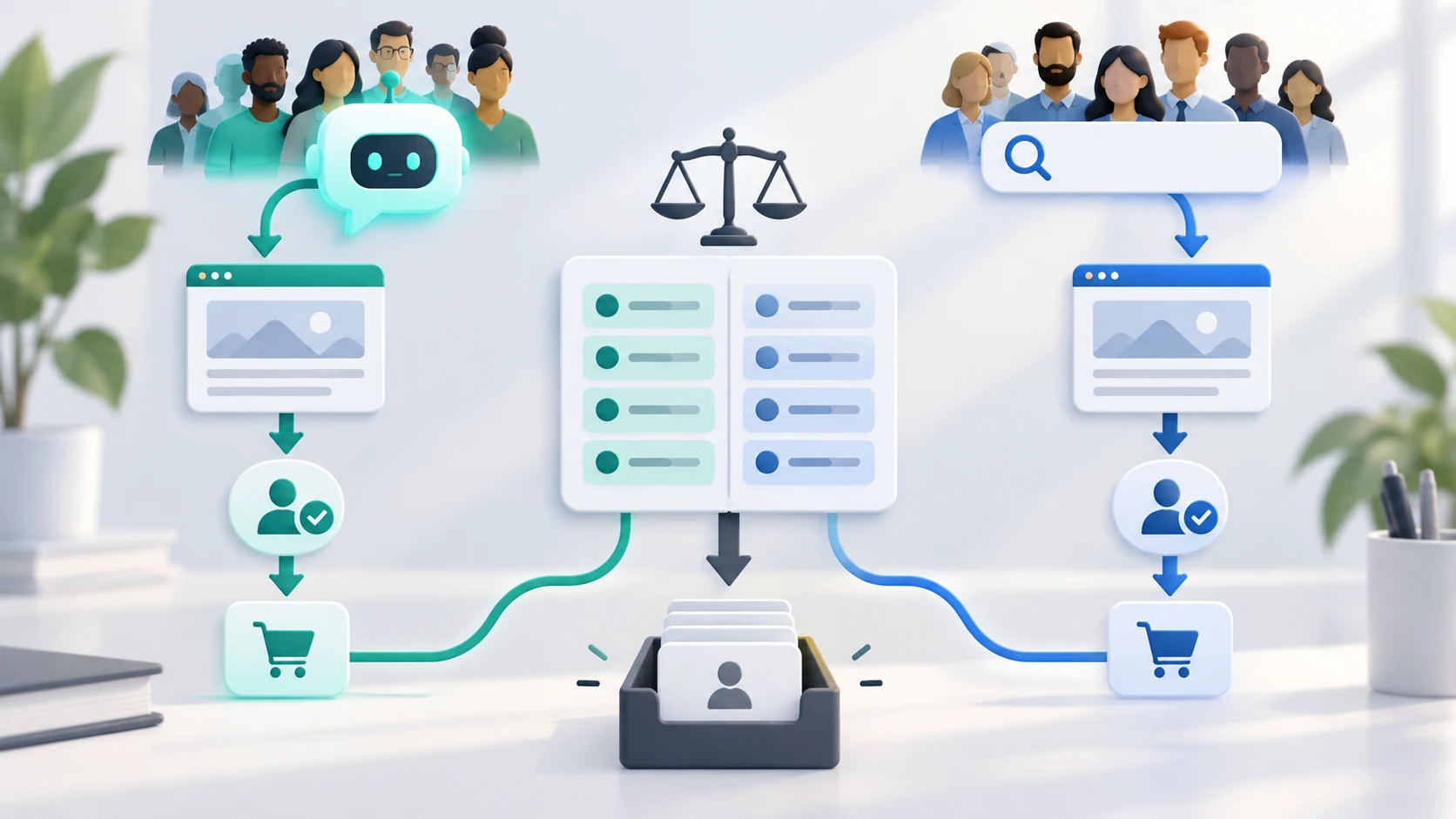 Balanced AI-search and traditional-search cohorts entering a fair conversion comparison and review queue