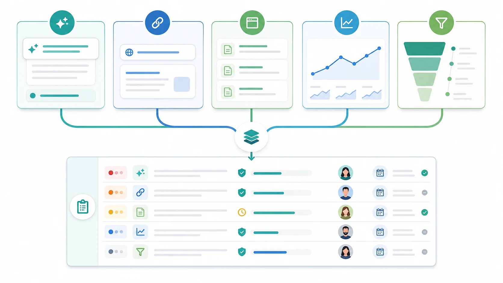 AI search evidence streams feeding a prioritized pipeline review queue