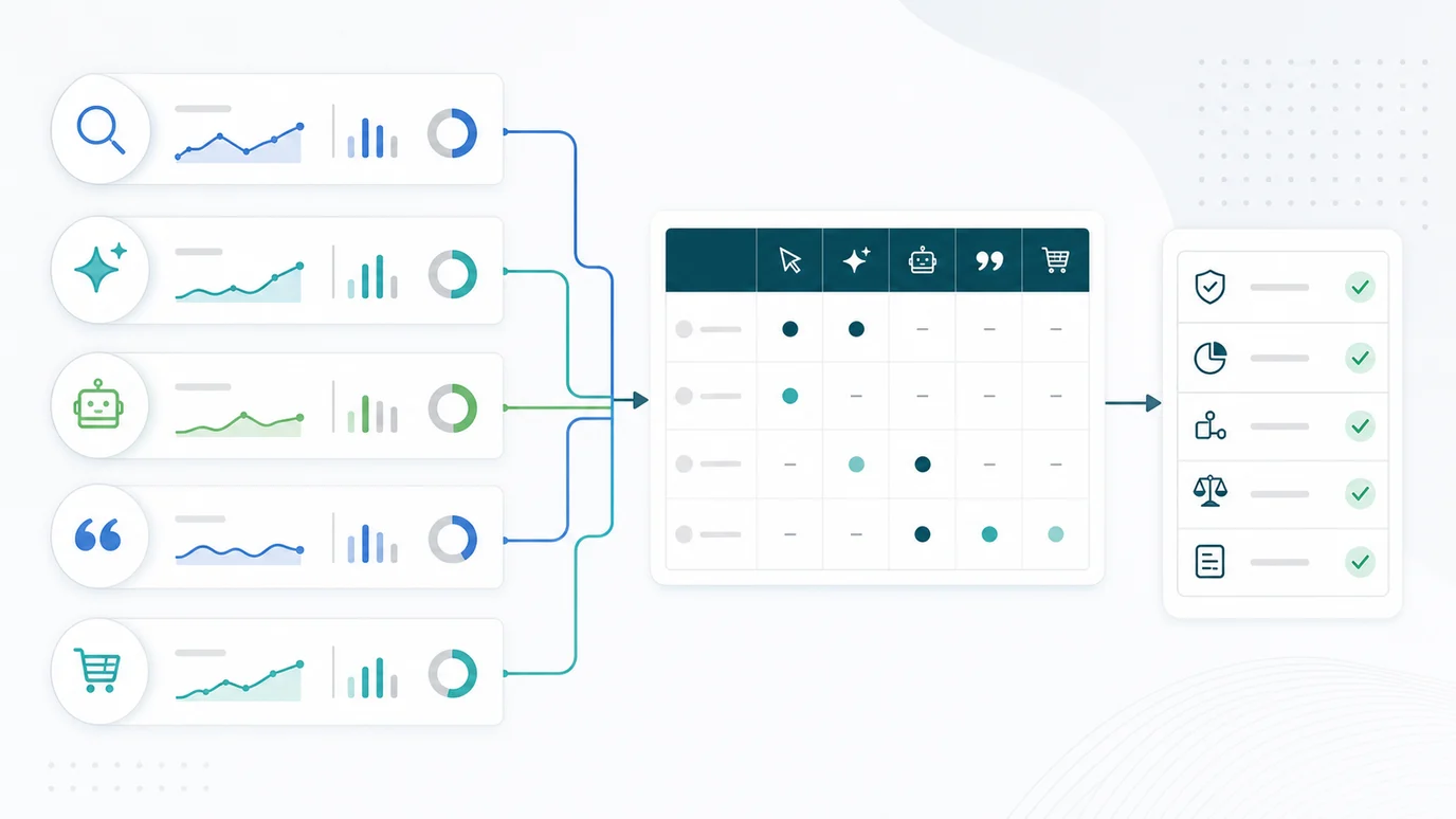 AI traffic measurement ledger separating search clicks, AI referrals, crawler visits, citations, and assisted conversions before validation