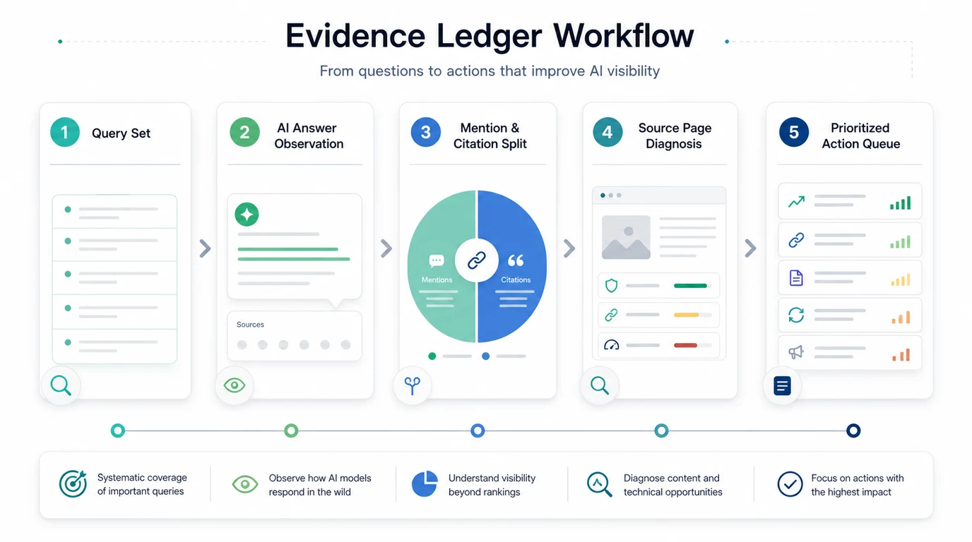 AI visibility evidence ledger workflow from query set to answer observation, mention and citation split, source-page diagnosis, and action queue