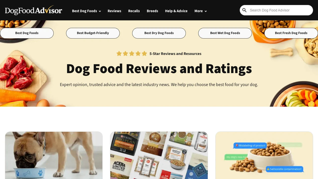 Public Dog Food Advisor homepage showing review categories, ratings positioning, and decision-focused navigation