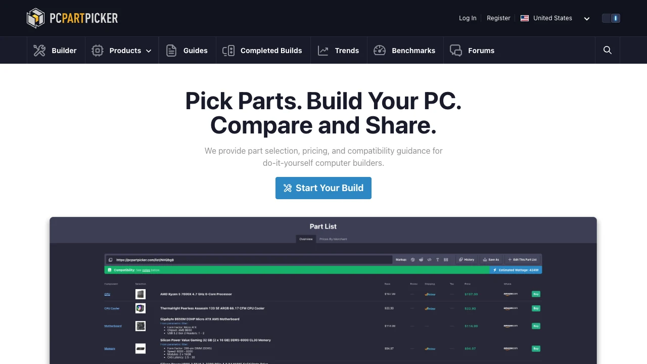 Public PCPartPicker homepage showing its compatibility builder, product navigation, guides, and community paths