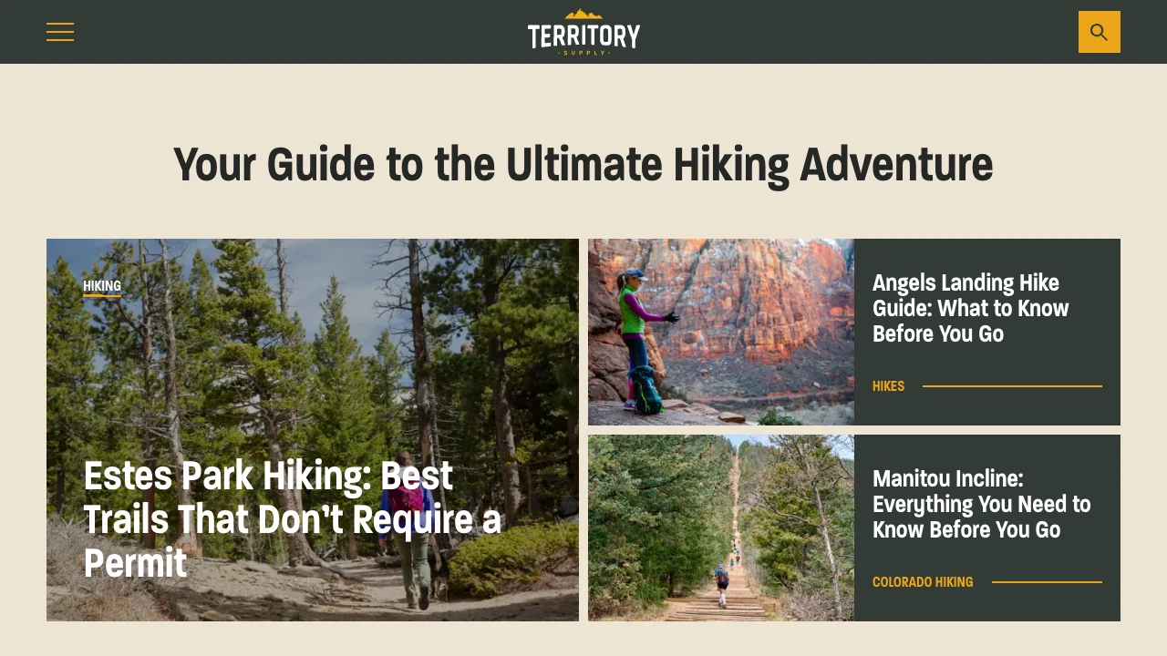 Public Territory Supply homepage showing destination-led hiking stories and visual editorial clusters