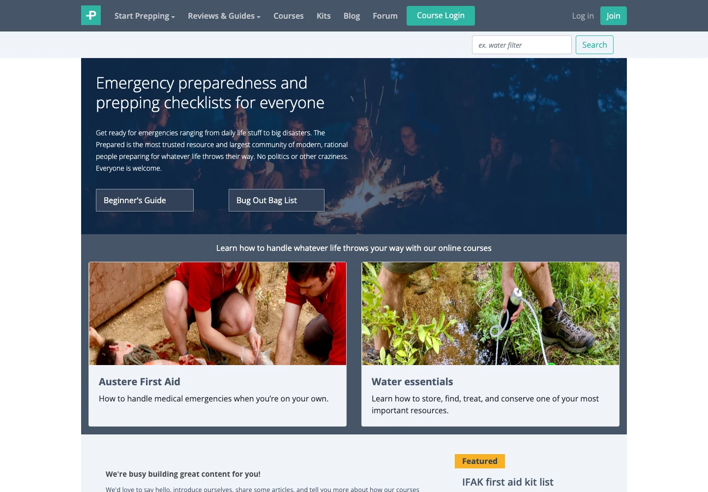 Public homepage of The Prepared showing a focused preparedness promise, guides, courses, and category paths