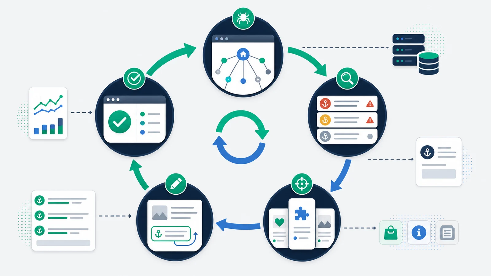 Anchor text workflow from crawl and diagnosis through editing, recrawl, and validation