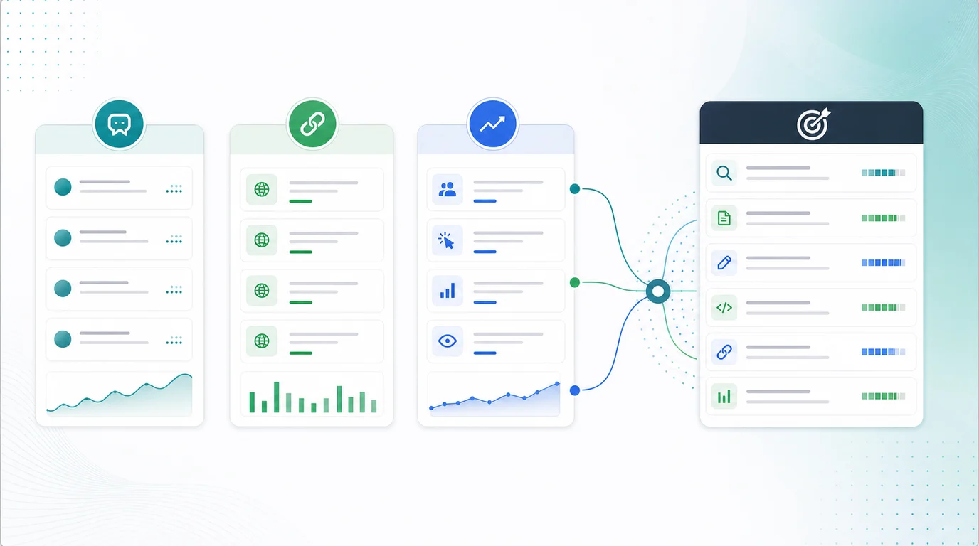 Answer engine optimization evidence ledgers separating mentions, source citations, performance signals, and action queues