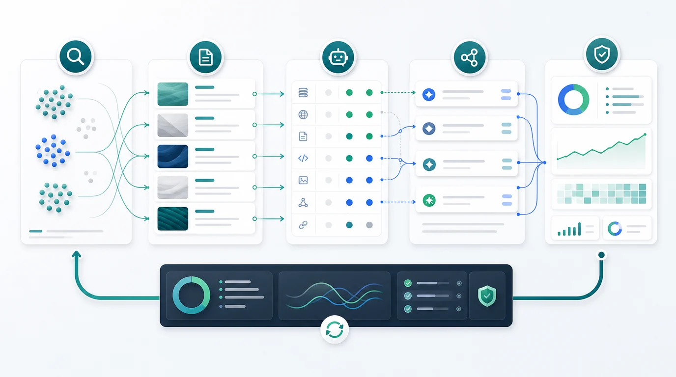 Answer engine optimization source page workflow from query clusters to crawl checks, citation evidence, and validation dashboard