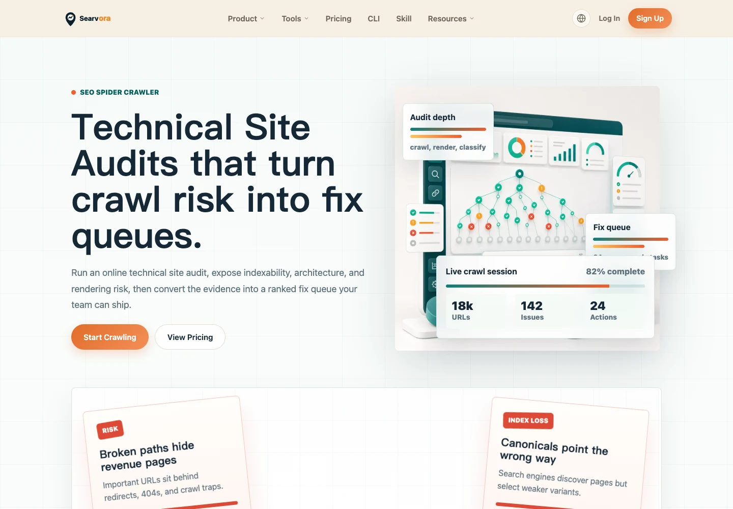 Searvora SEO Spider Crawler page showing technical crawl diagnostics and prioritized fixes