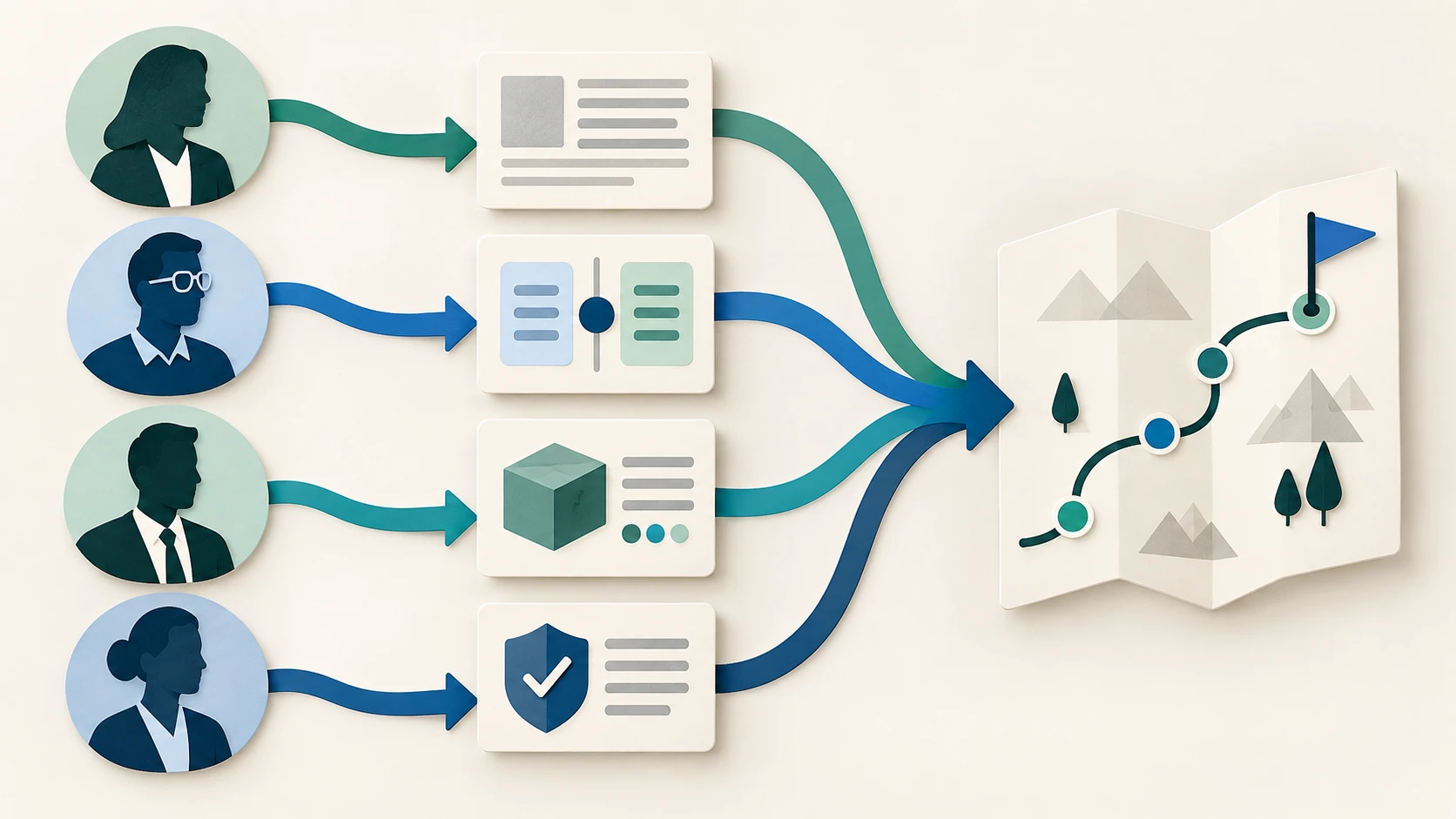 Four buying-committee roles flowing into distinct page roles and a shared B2B search strategy map