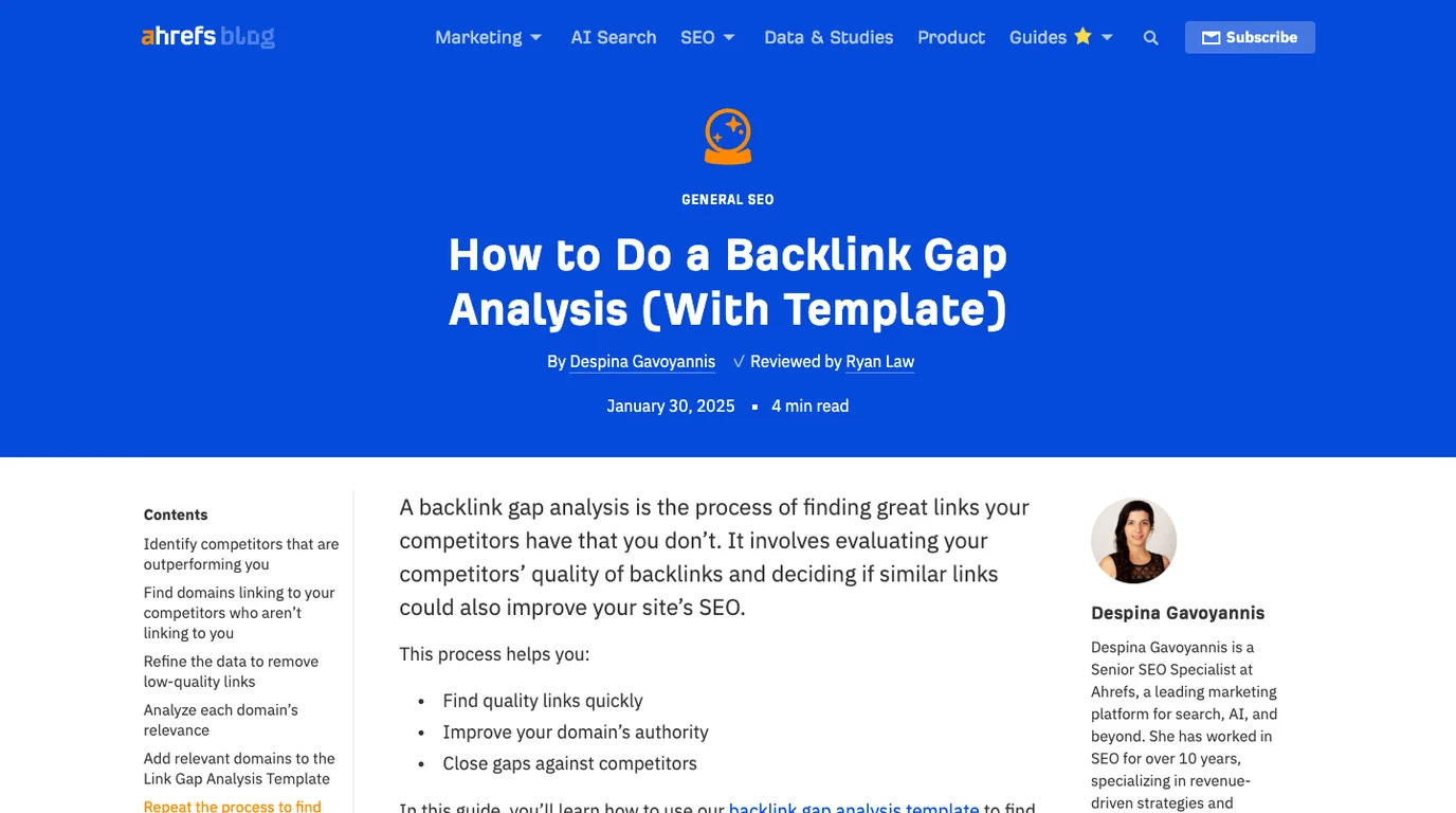 Official Ahrefs backlink gap analysis article showing the definition, workflow, and template-led search task