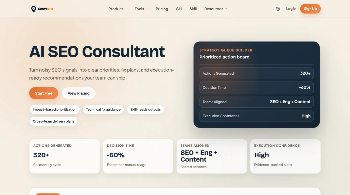 Locally rendered Searvora AI SEO Consultant page showing impact-based prioritization and an execution-ready action board