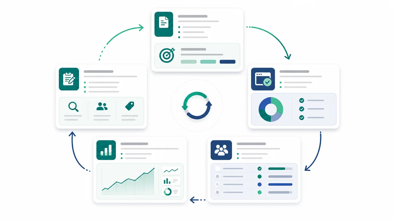 Affiliate content validation loop connecting briefs, published pages, crawl checks, traffic dashboards, and partner-program review