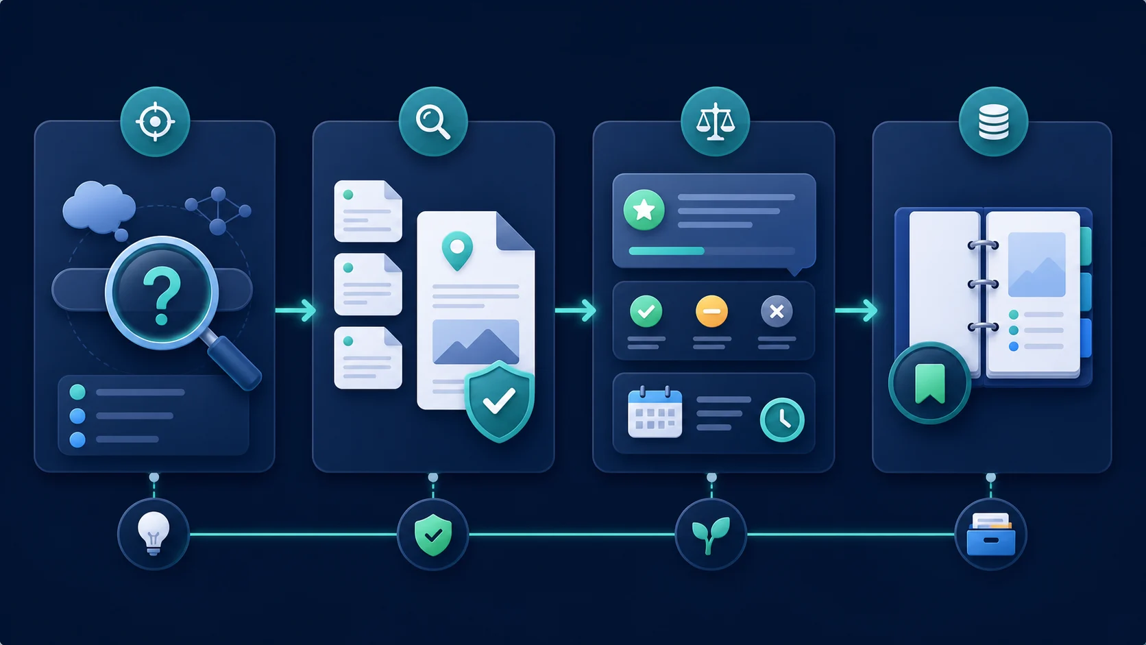 AI search engine selection flow from question definition to source verification and monitoring