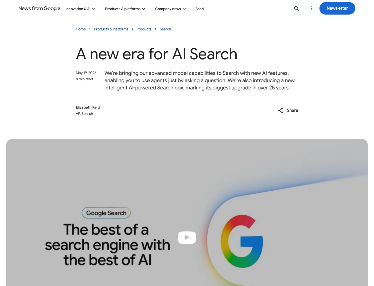 Official Google AI Search page announcing a new AI search experience