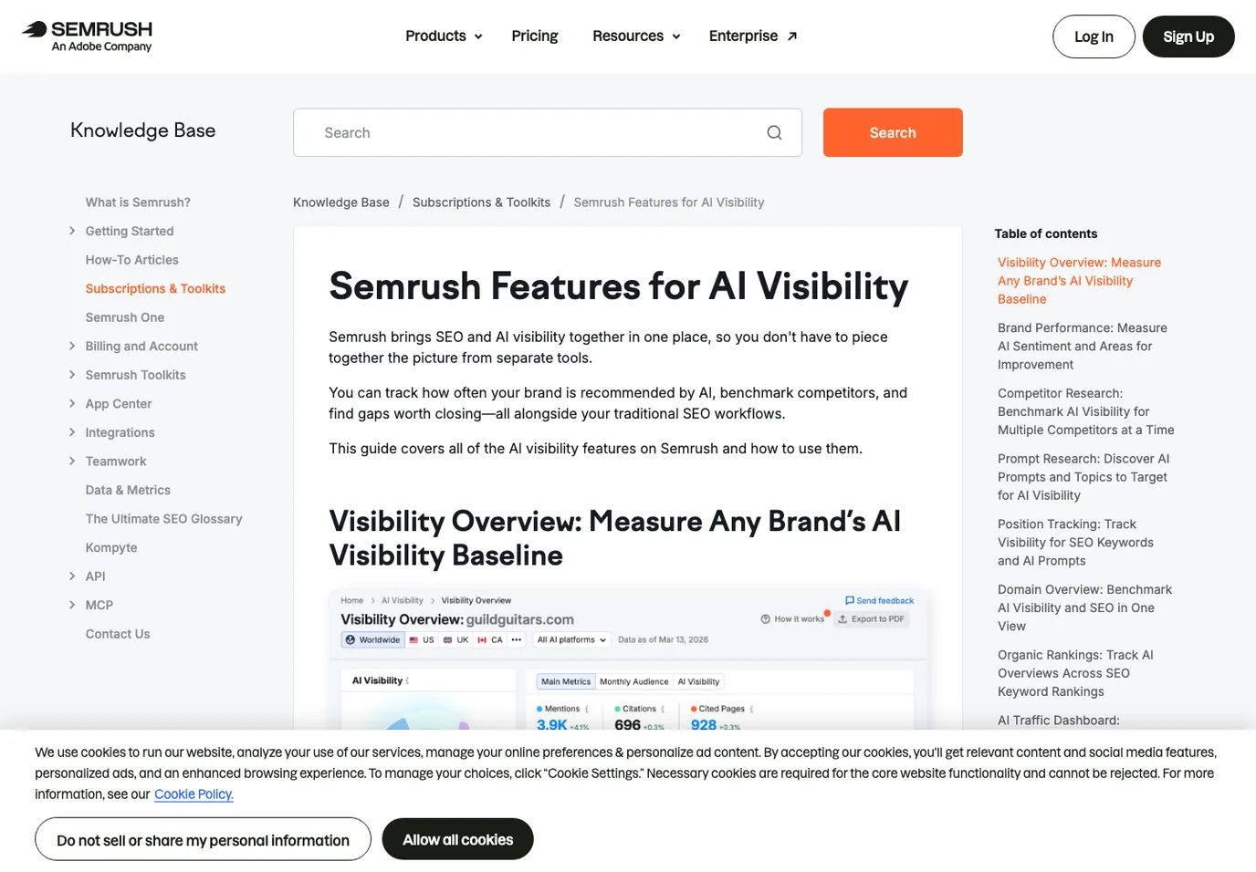 Semrush AI Visibility knowledge base screenshot