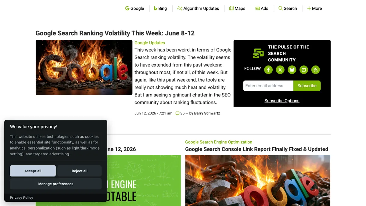 Search Engine Roundtable public homepage screenshot