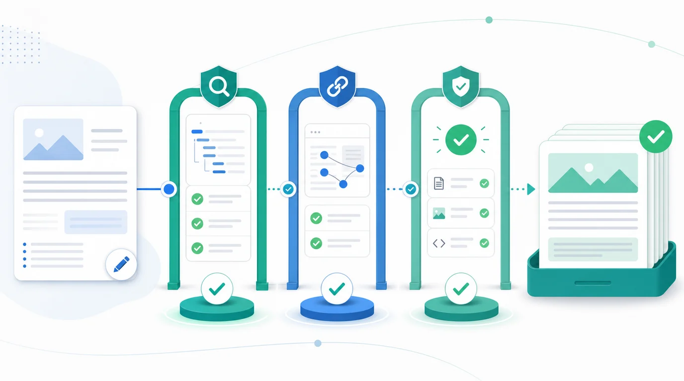 Blog post template validation gates for SEO structure, internal links, and publish readiness