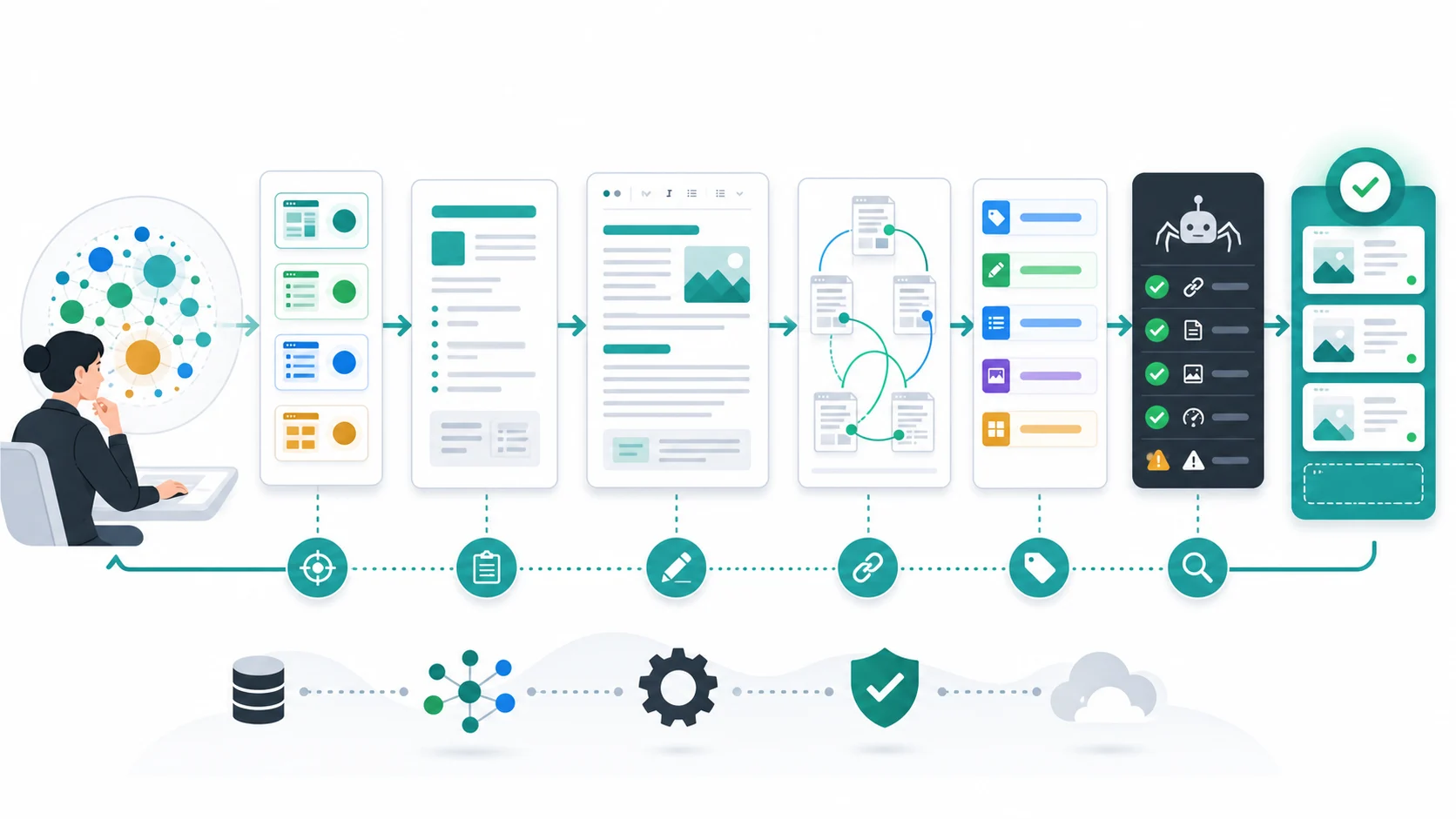 Blog SEO production workflow from search intent to briefs, links, metadata, crawl checks, and publishing