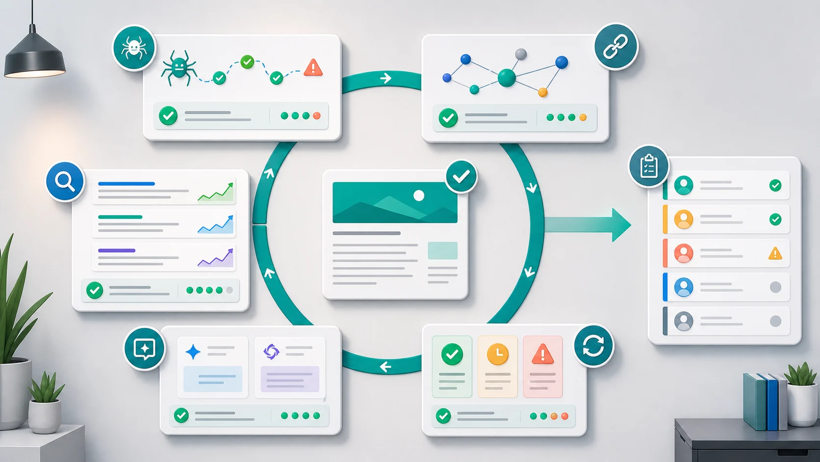 Blog SEO validation loop connecting crawl checks, internal links, performance signals, AI search visibility, and owner handoff