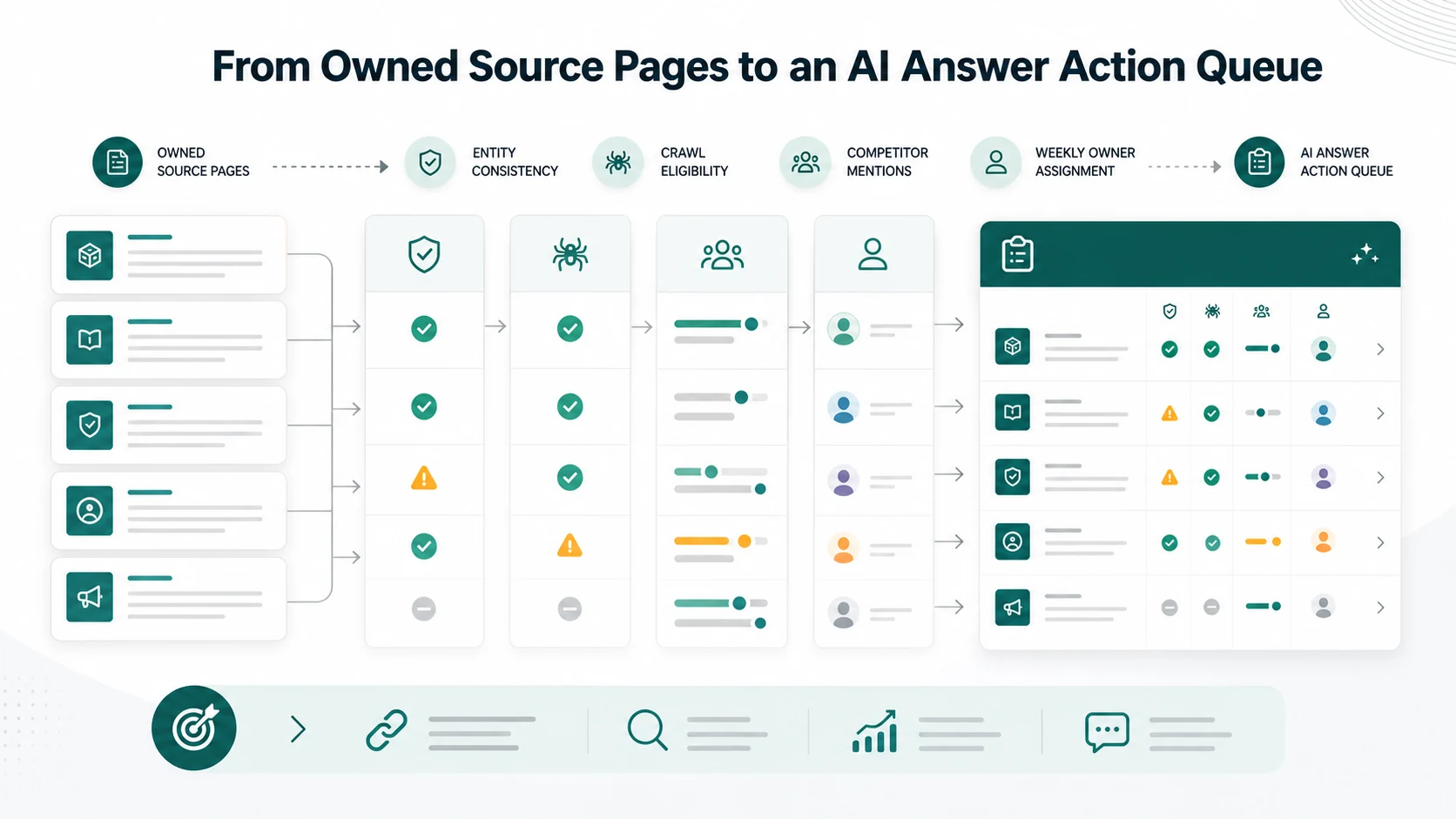 Owned source page workflow turning AI answer brand mentions into a prioritized action queue