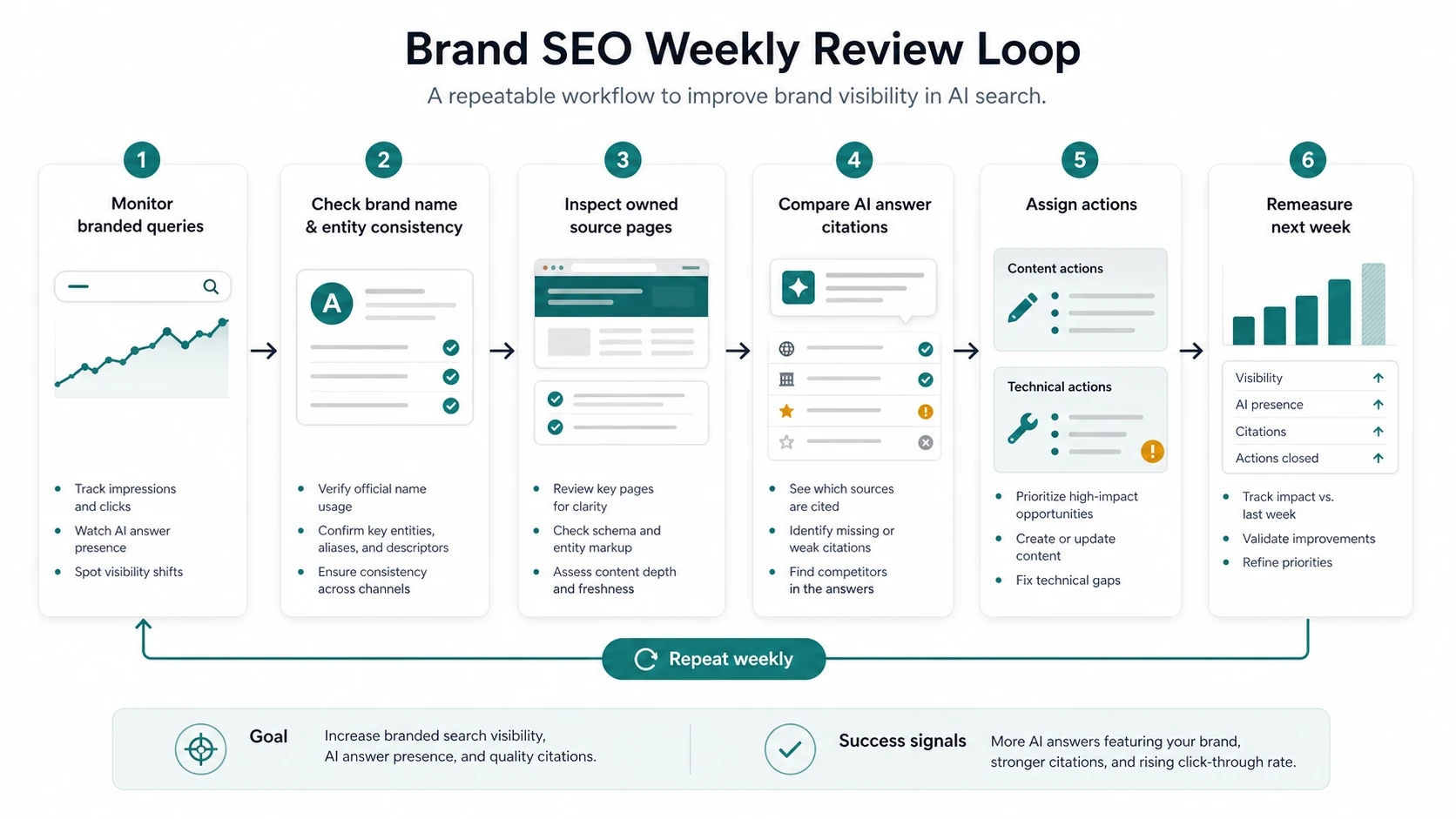 Weekly brand SEO review loop from branded queries to citations, actions, and remeasurement