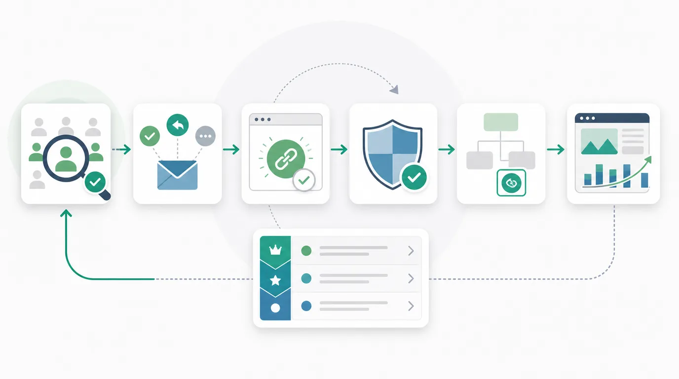 Broken link building campaign evidence flowing into risk review, internal-link support, page impact, and a prioritized action queue