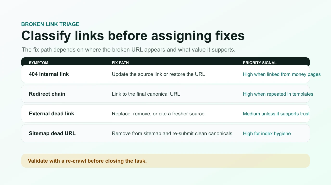 Broken link checker triage matrix showing symptoms, fix paths, and priority signals