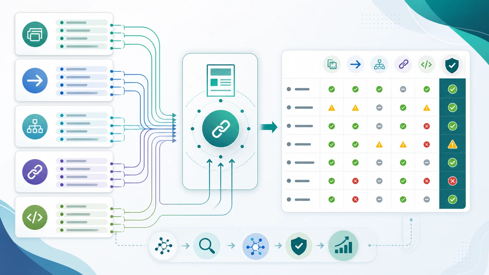 Canonical audit signal map comparing duplicate URL variants, redirects, sitemaps, internal links, and canonical targets