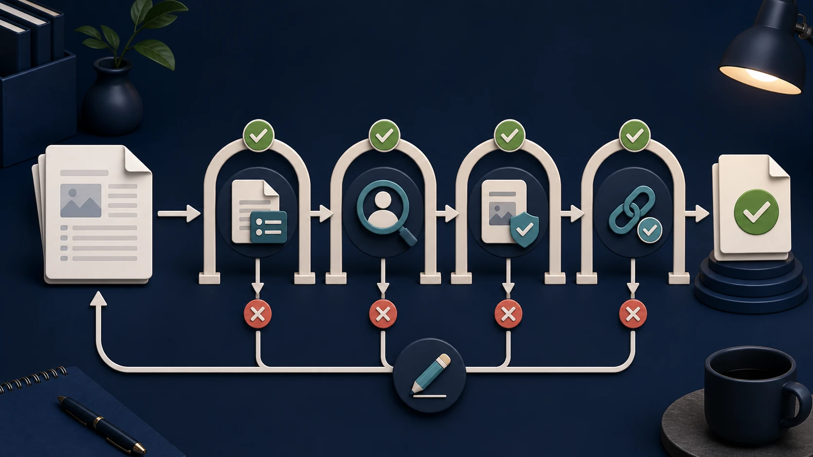 Decision map showing draft review gates and revision loop before publication