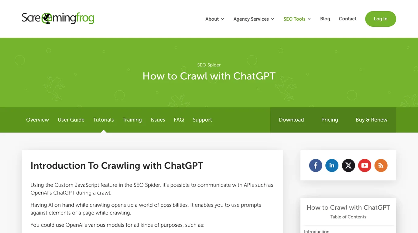 Screaming Frog tutorial page screenshot for crawling with ChatGPT