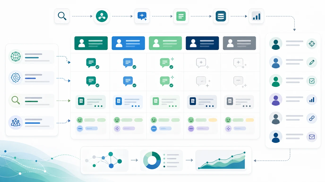 Benchmark map for comparing brand visibility with competitors in AI search across query groups, mentions, citations, and action queues