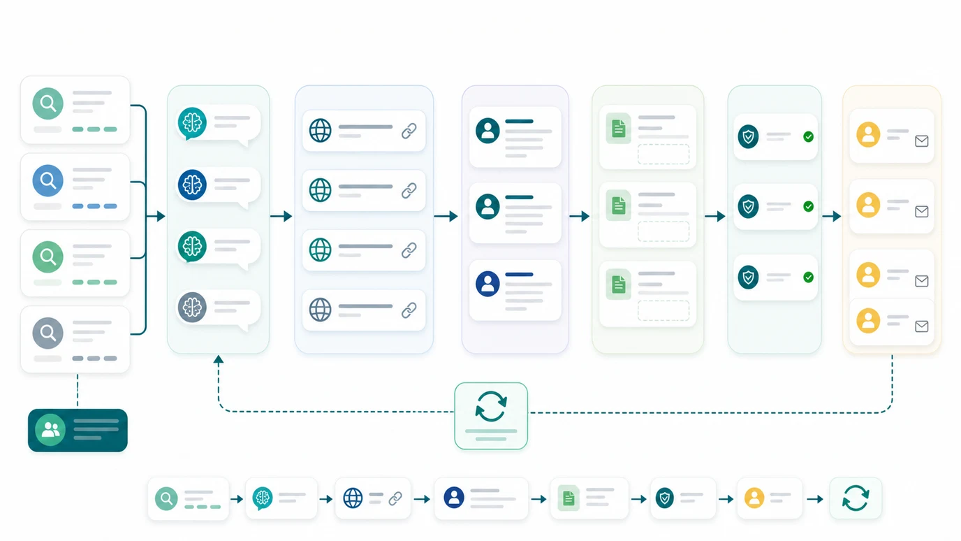 Source-gap workflow from AI search competitor observations to cited source review, crawl checks, owner handoff, and recheck