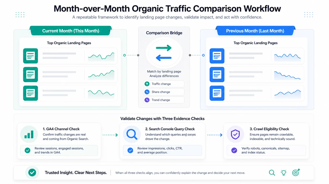 Month-over-month organic traffic comparison workflow for GA4 landing pages, Search Console queries, and crawl checks