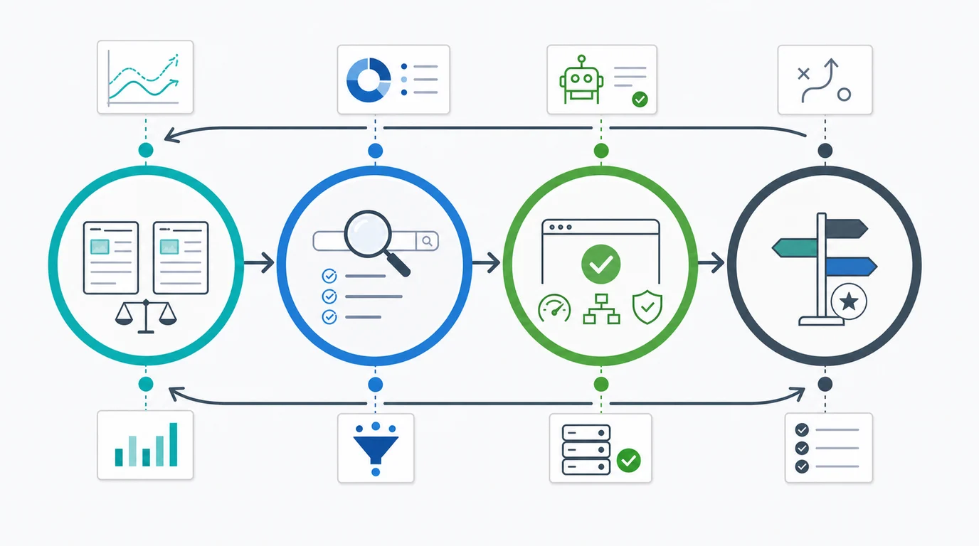 Organic traffic action loop from month comparison to query validation, technical checks, and next action