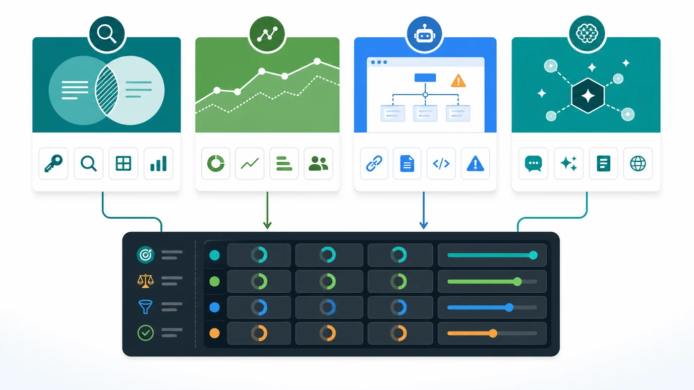 Competitor analysis tools job matrix with keyword gaps, traffic benchmarks, crawl evidence, and AI visibility signals
