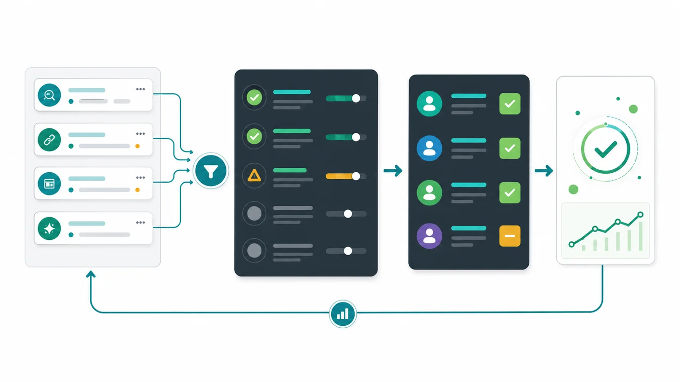Workflow showing competitor tool signals filtered into owner-ready SEO actions and a validation loop