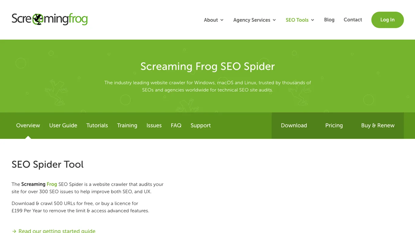 Screaming Frog SEO Spider official page for technical SEO crawling