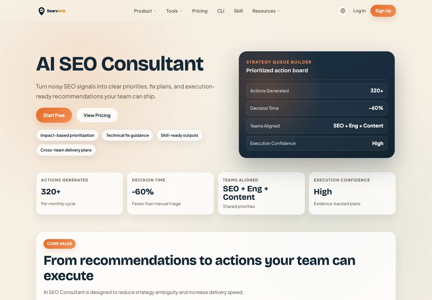Searvora AI SEO Consultant page showing strategy queue builder and execution-ready SEO recommendations