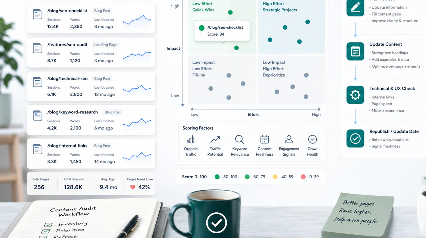 A content audit decision map showing evidence sources, a decision gate, and keep, refresh, merge, redirect, or retire outcomes