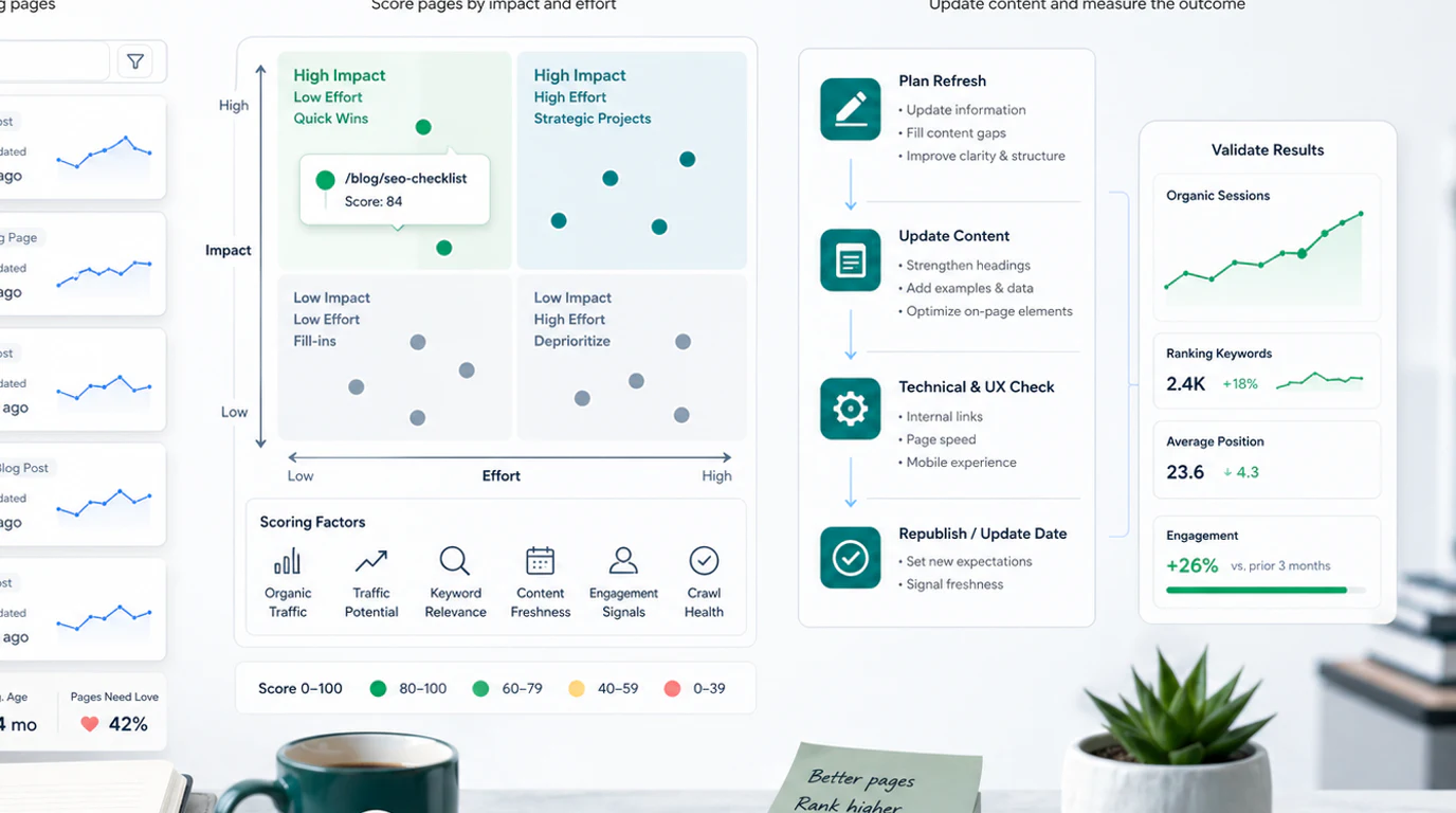 A content audit refresh loop showing prioritization, briefs, shipped changes, validation, monitoring, and recorded learnings