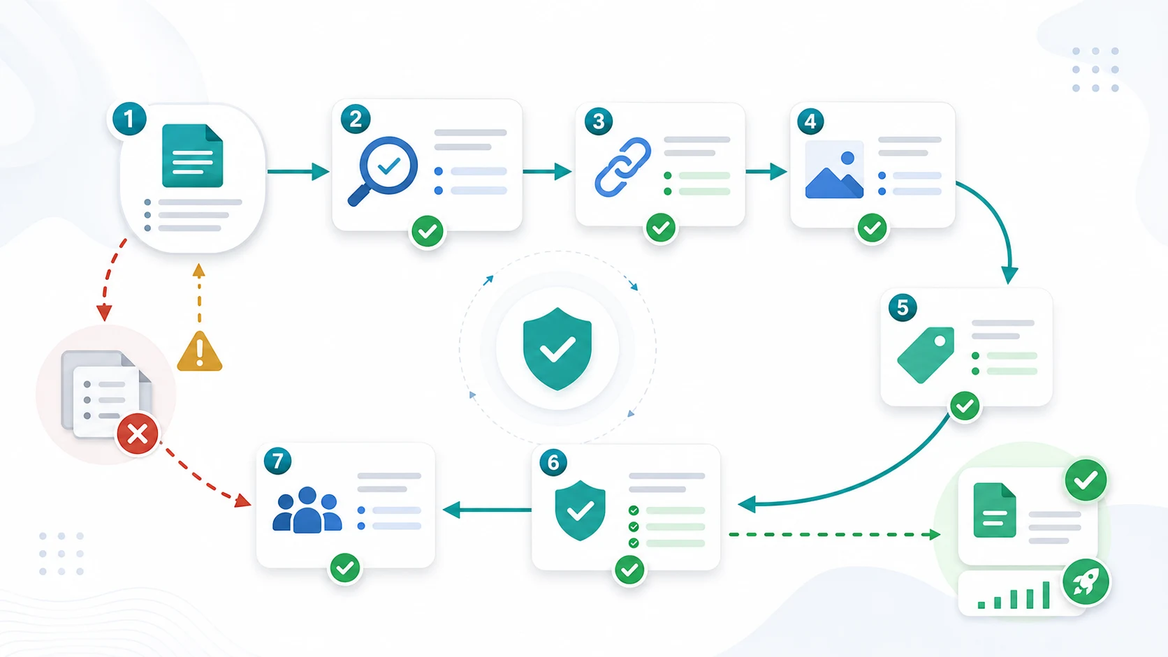 Content brief validation loop from draft brief through source checks, link checks, visual requirements, product fit, and publishing handoff
