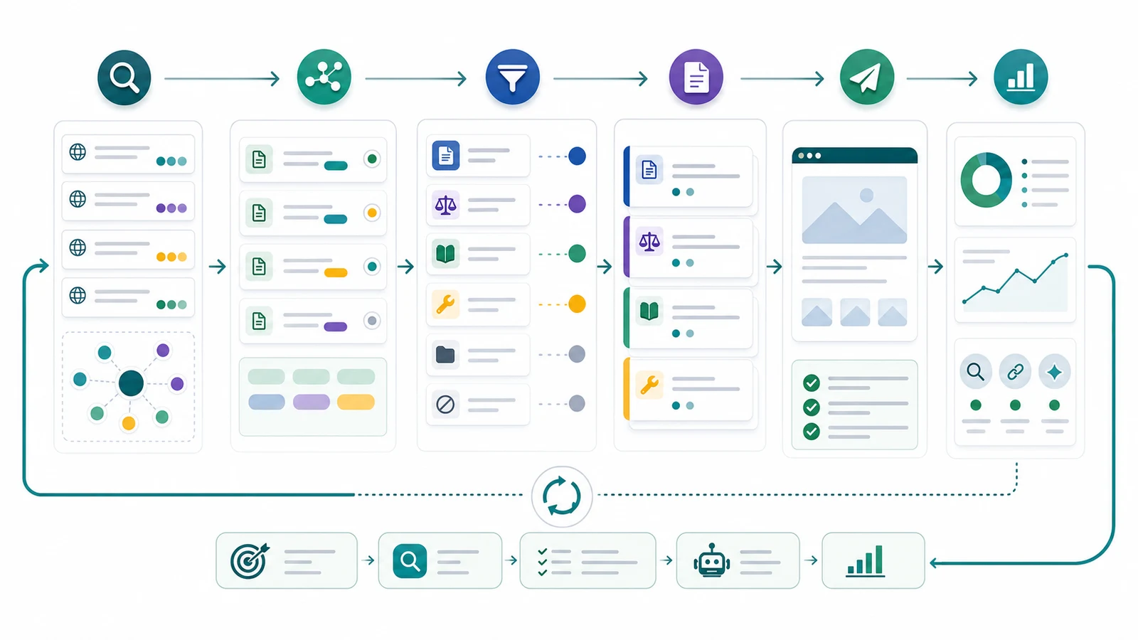 Workflow loop showing content gap discovery, page-type routing, brief creation, publishing, and validation