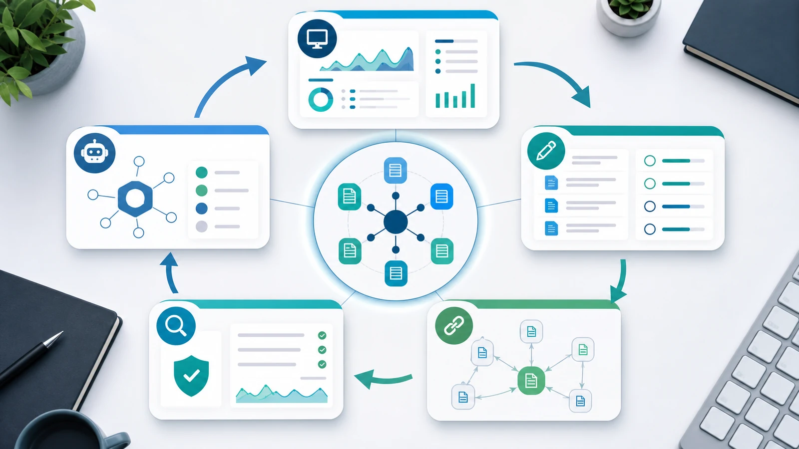 Content hub maintenance loop with monitoring, content refreshes, internal link review, crawl checks, and AI search visibility validation around a central hub map