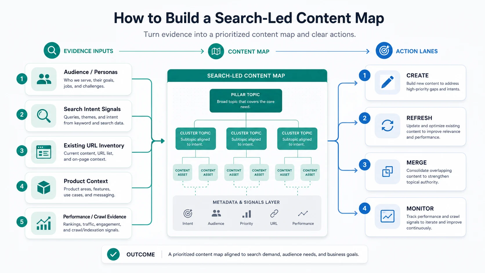 Search-led content map workflow connecting evidence inputs to create, refresh, merge, and monitor lanes