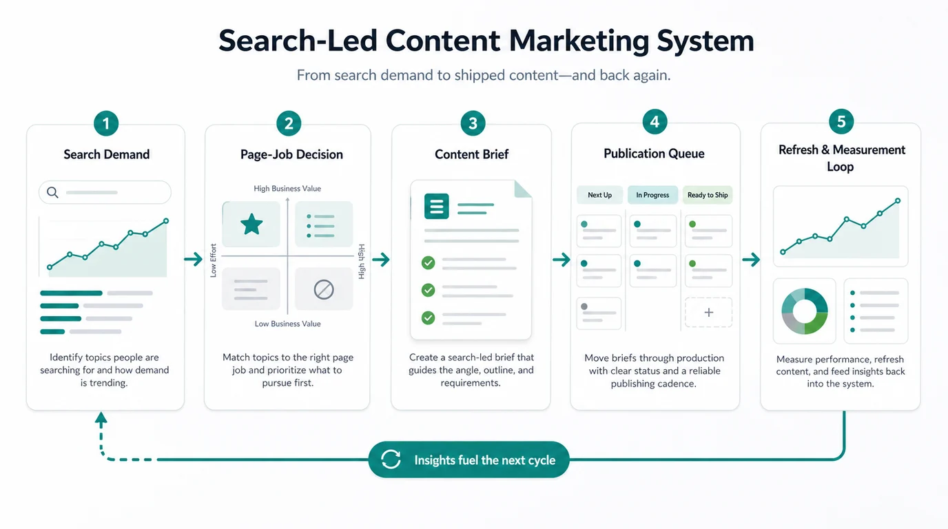 Search-led content marketing system from demand research to refresh measurement