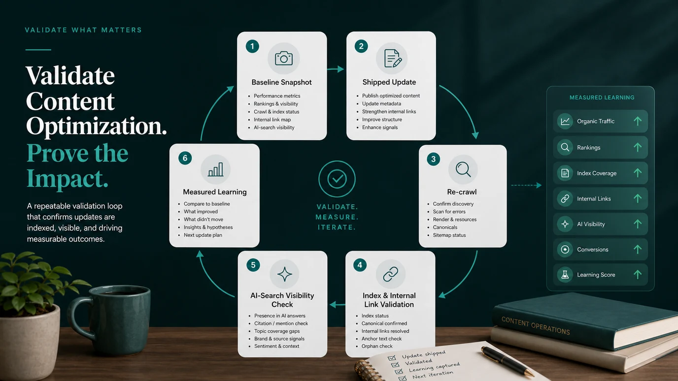 Content optimization validation loop from baseline snapshot to shipped update, re-crawl, AI-search check, and measured learning