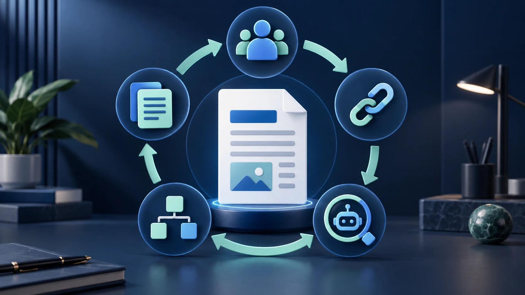 Content pillar governance loop connecting owners, internal links, page structure, and AI-search evidence review