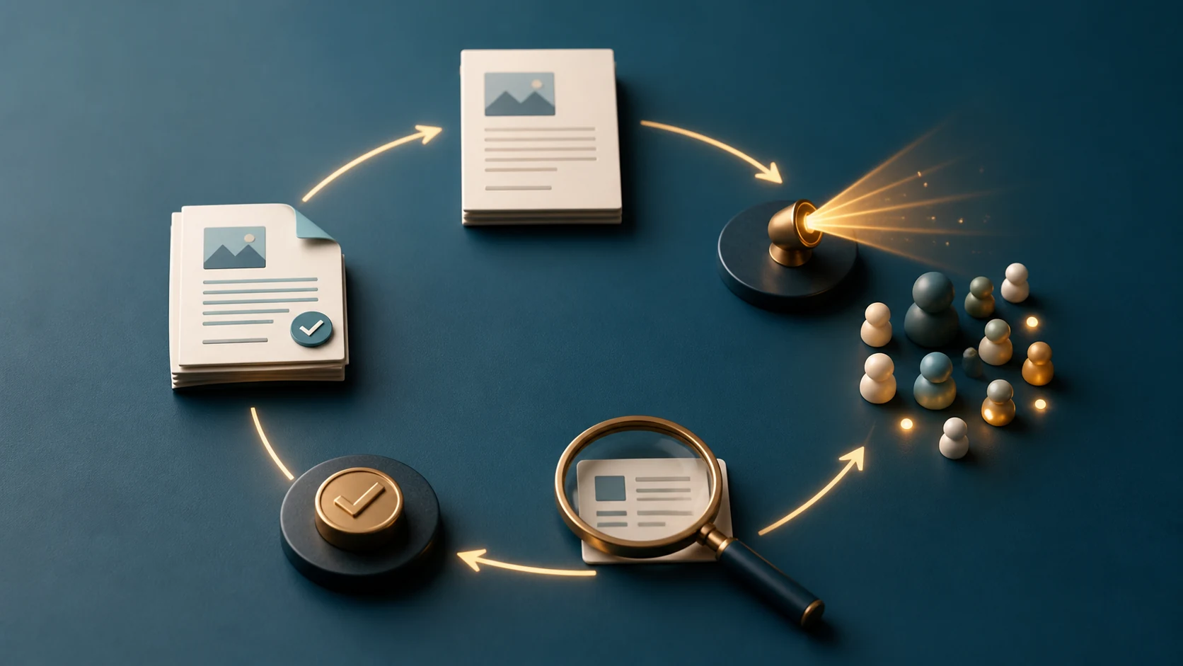Validation loop from a published asset through audience response, search evidence, decision, and a stronger next version