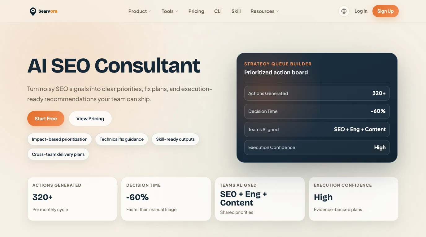 Searvora AI SEO Consultant page showing prioritized strategy, action planning, and team handoff capabilities