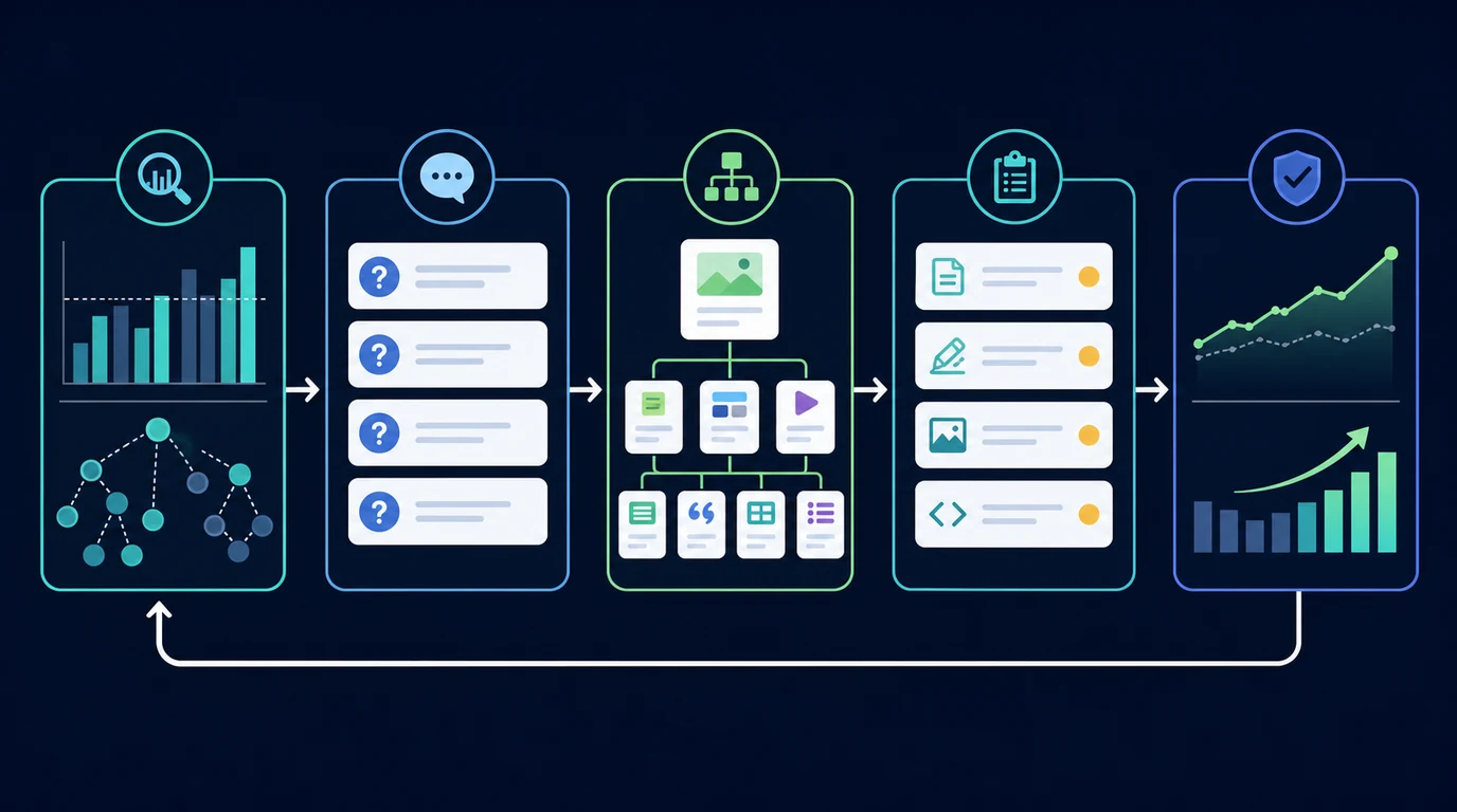 Content strategy agency workflow from baseline evidence and buyer questions to page decisions, assigned work, and validation